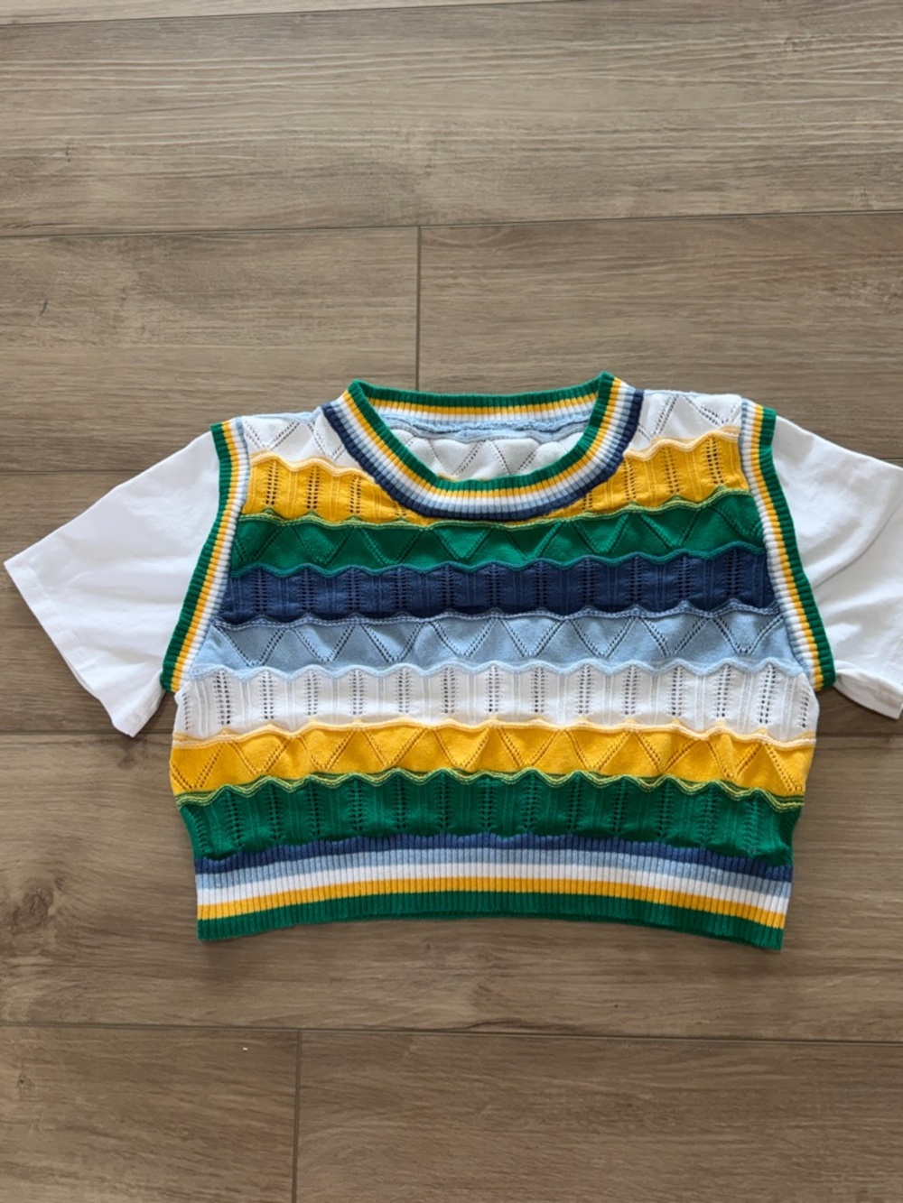 La Chapelle Striped Knit Layered-Look Top in Green, Yellow & Blue small
